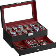 Cassa orologio, cassa orologio con coperchio in vetro, 2 livelli, per 12 ore, chiusura a chiave, 1 cassetto, per anelli, bracciali, idea regalo, copertura in PU nera, imbottitura in rosso vino JWB012R01