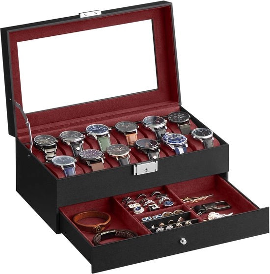 Cassa orologio, cassa orologio con coperchio in vetro, 2 livelli, per 12 ore, chiusura a chiave, 1 cassetto, per anelli, bracciali, idea regalo, copertura in PU nera, imbottitura in rosso vino JWB012R01