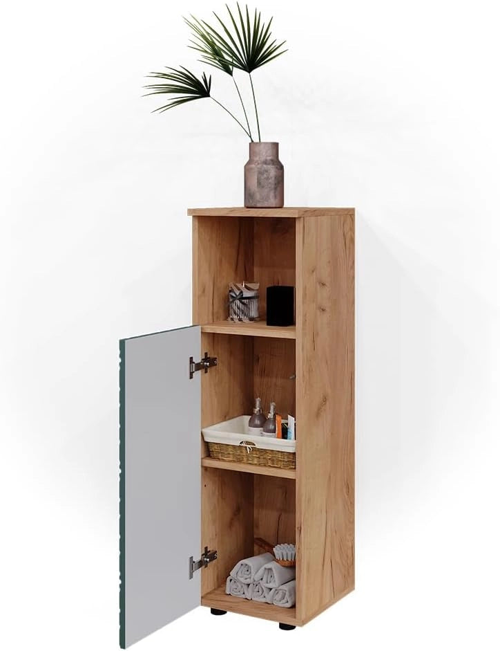 Mobile midi Irma, Quercia verde/oro, 30 x 95 cm, per la conservazione di accessori da bagno e combinabile con Irma