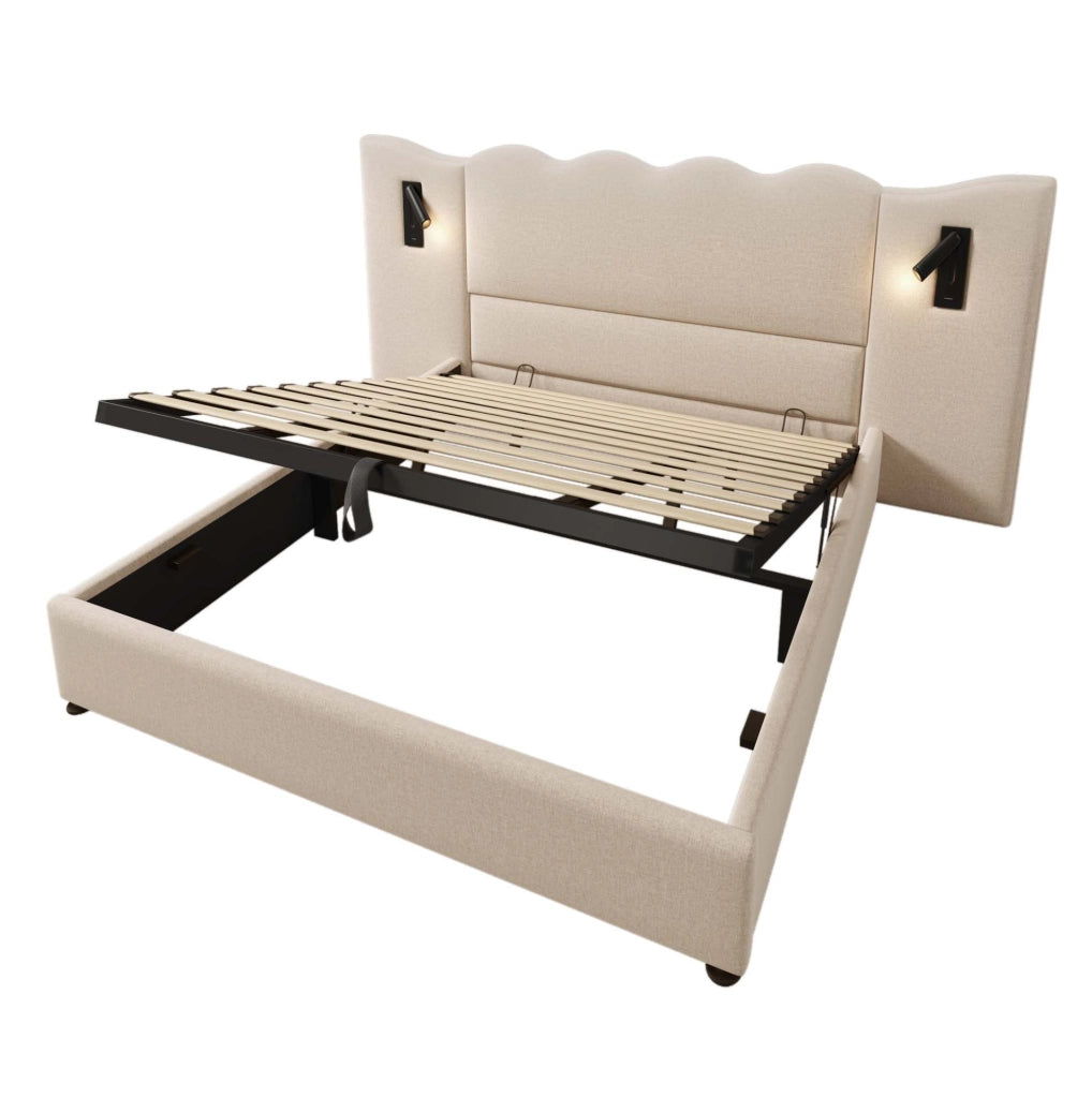 Letto matrimoniale imbottito 180x200 cm in lino beige con lampada da lettura e USB-C