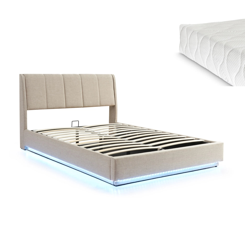 Letto Contenitore Tröstiar con Luce LED Letto Matrimoniale con Materasso 160x200 cm Beige [en.casa]