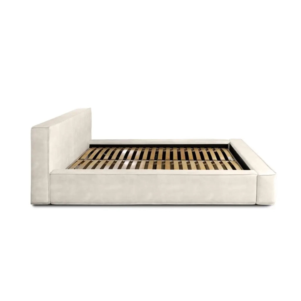 Letto con contenitore VELORA – Perla – 160x200 cm – Tessuto velluto morbido – Rete sollevabile – Spazio di stoccaggio integrato