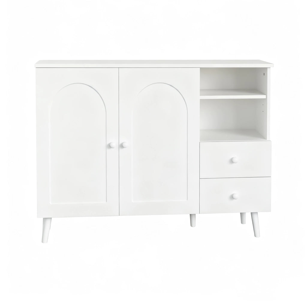 Credenza bianca con 2 ante, 2 cassetti e vani a giorno
