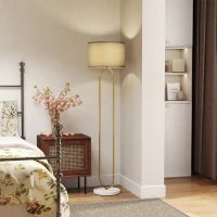 Lampada da Terra Moderna con Paralume in Tessuto, Doppio Tubo Metallico e Interruttore a Pedale, Oro