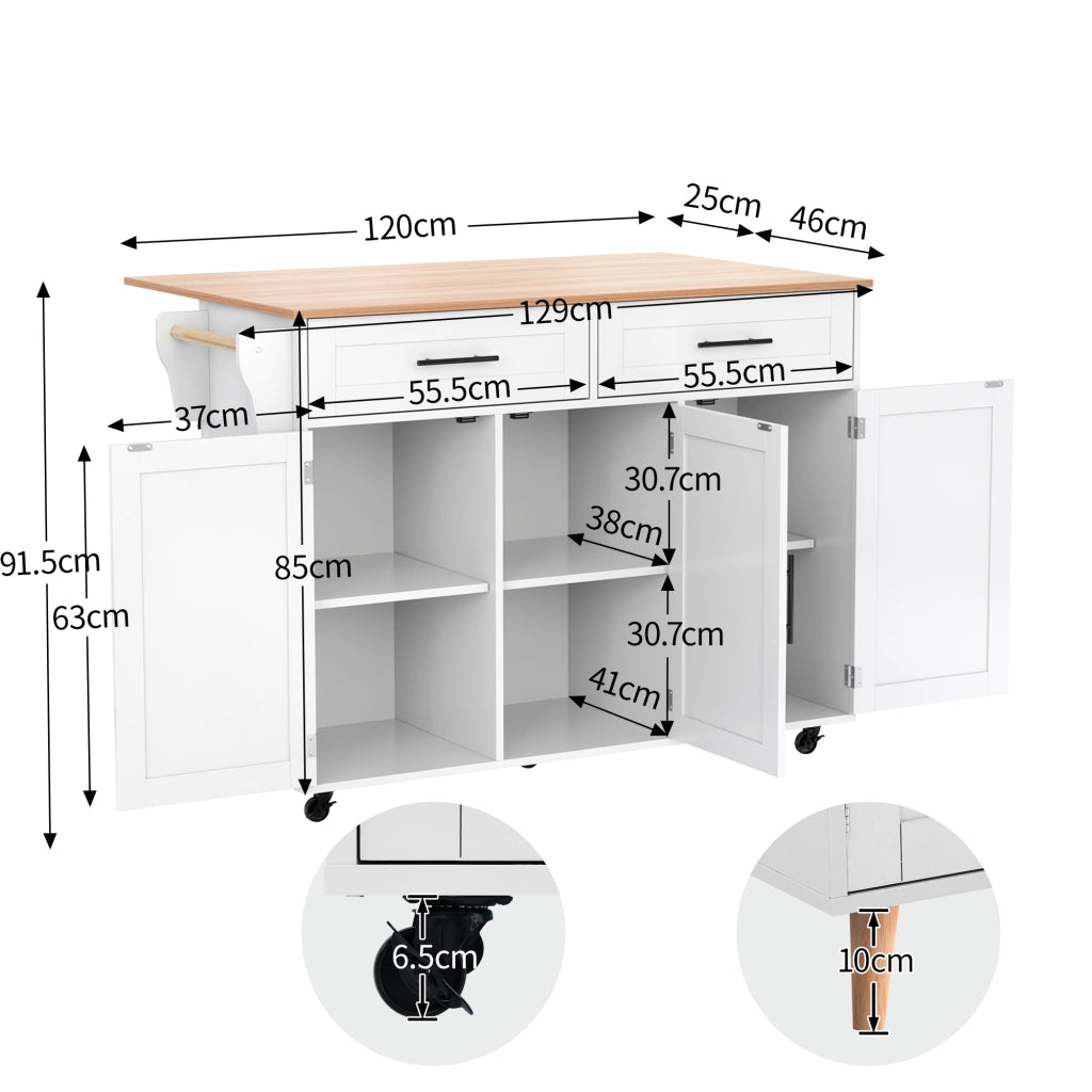 OKWISH Carrello da Cucina con 2 Cassetti, Ripiani Regolabili, Piano Pieghevole e 5 Ruote, 129 x 71 x 91.5 cm