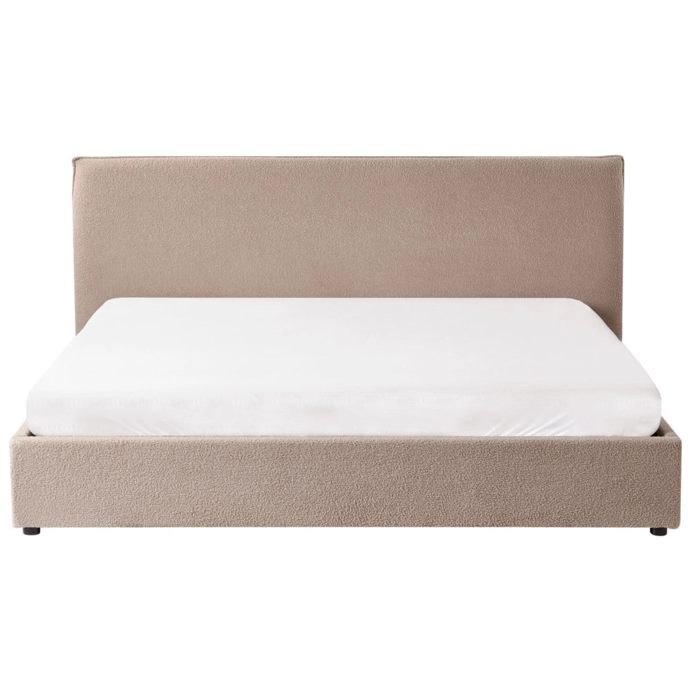 Letto matrimoniale con contenitore in tessuto bouclé tortora con testiera 180 x 200 cm Doghe in legno