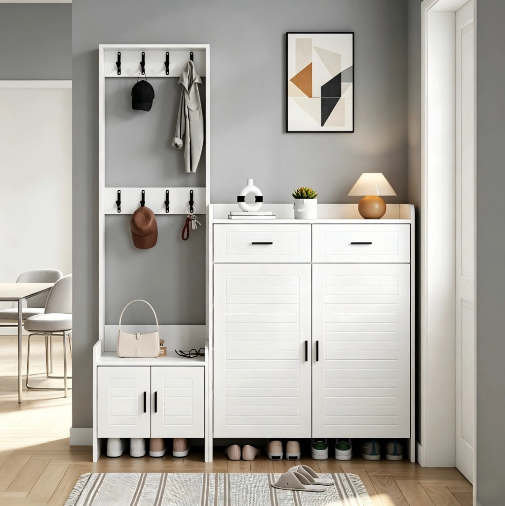 Guardaroba da ingresso bianco con scarpiera, 8 ganci e 2 cassetti