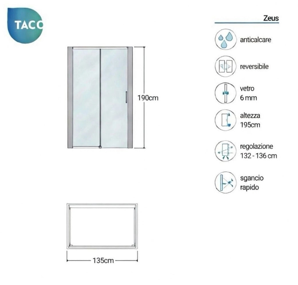 Box doccia a nicchia 135 cm porta scorrevole apertura laterale H190 cm ZEUS - Cromato Lucido