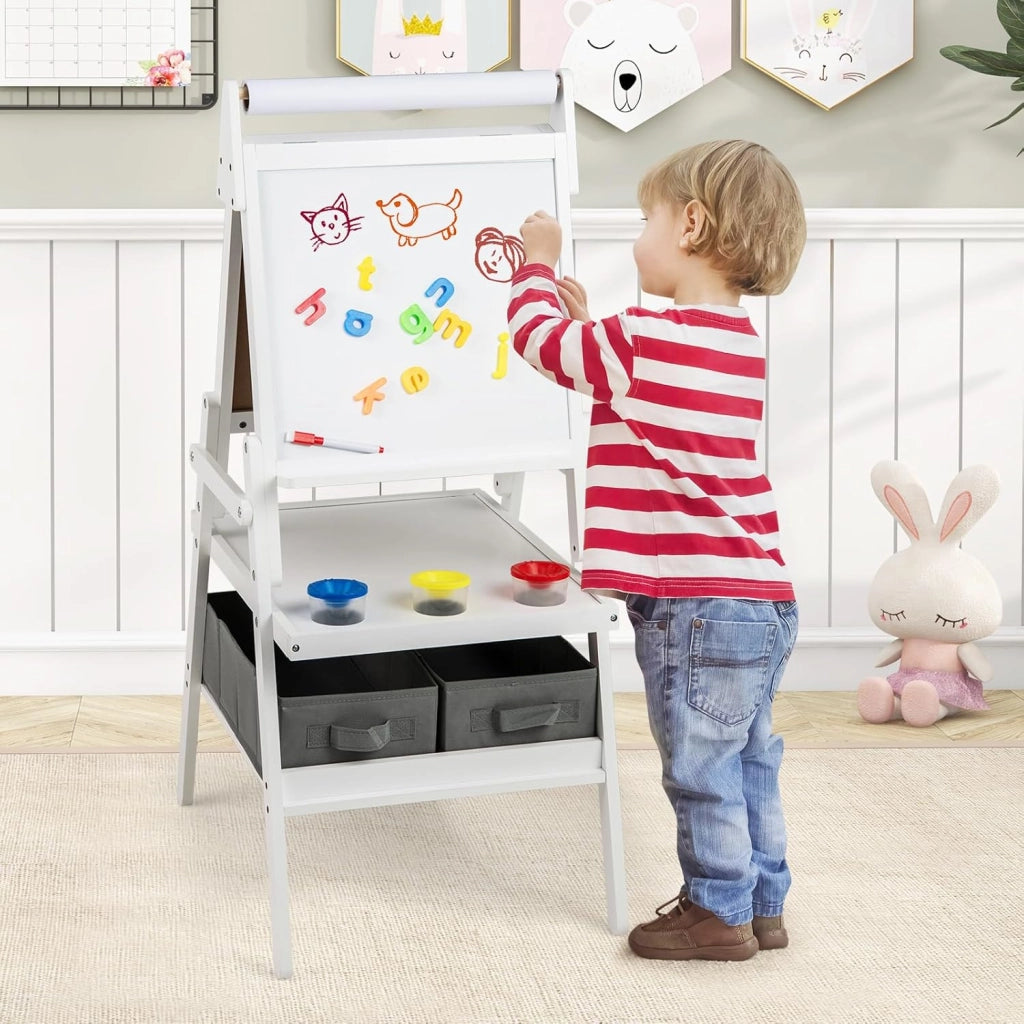 3 in 1 Cavalletto per Bambini, Cavalletto con Doppia Faccia Magnetica e Lavagna Bianca, Rotolo di Carta, 3 Bicchieri per Vernice e 2 Ceste in Tessuto, per Bambini 3-6 Anni (Bianco)