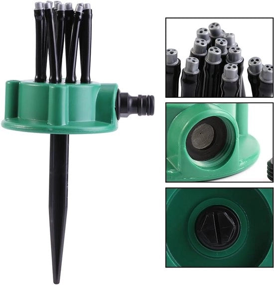 Sistema di irrigazione per giardino a 3 bracci, adattabile per diverse superfici, ideale per fiori e piante.