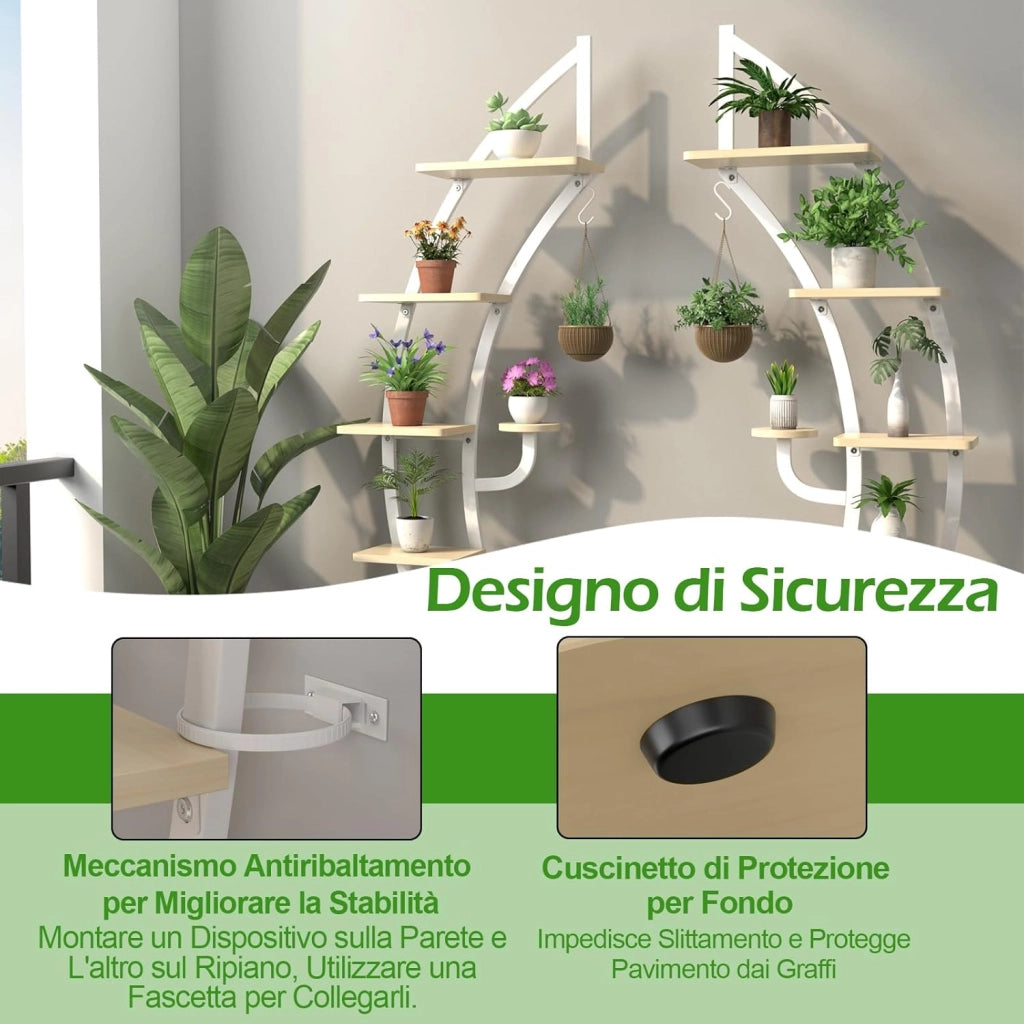 Scaffale per Piante a 7 Livelli, Scaffale a Forma di Mezza Luna con Gancio e Dispositivo Antiribaltamento, Porta Piante e Fiori per Soggiorno, 60 x 30 x 155 cm (2 PEZZI BIANCO)