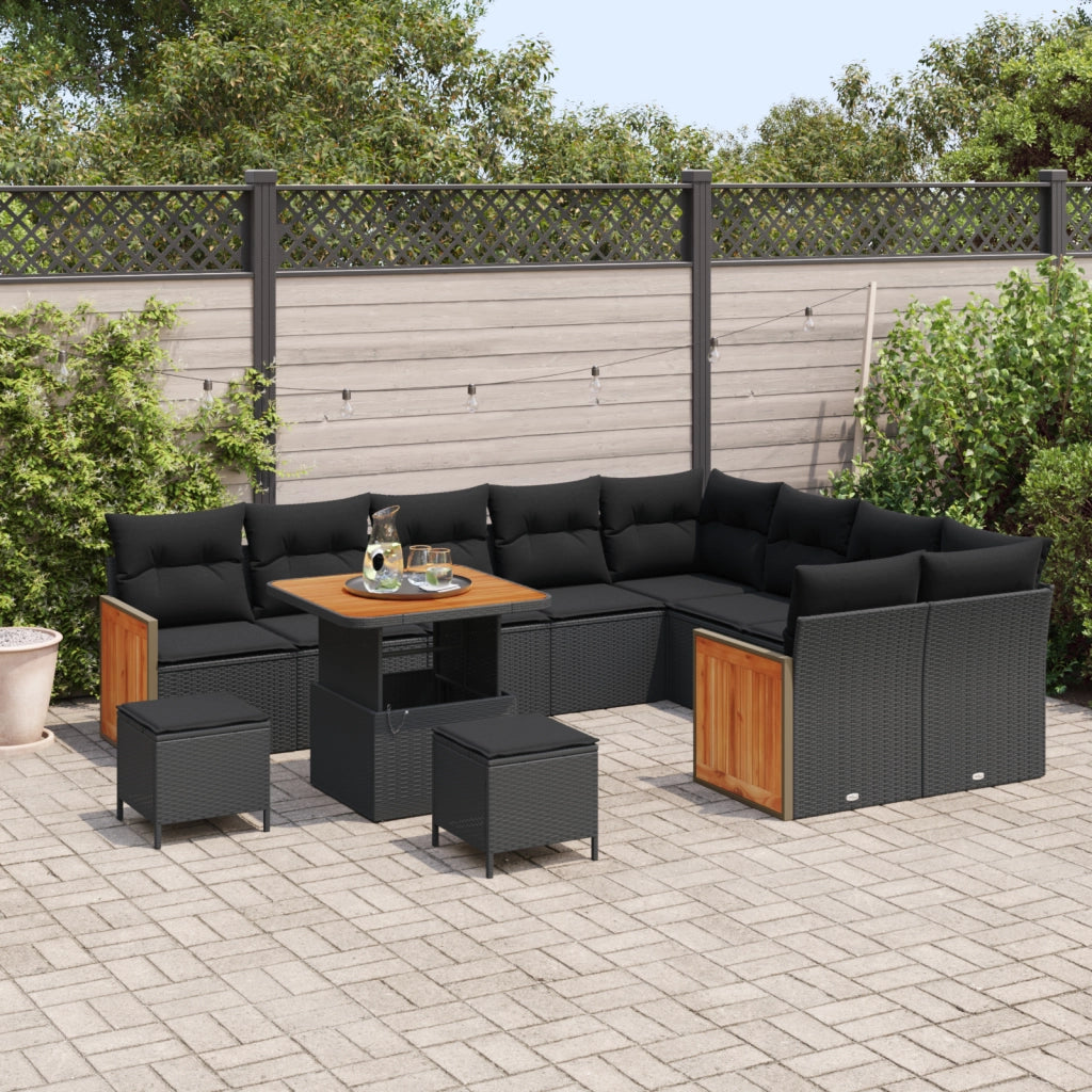 Set Divano da Giardino  a 12 Pezzi con Cuscini Nero Polyrattan Acacia