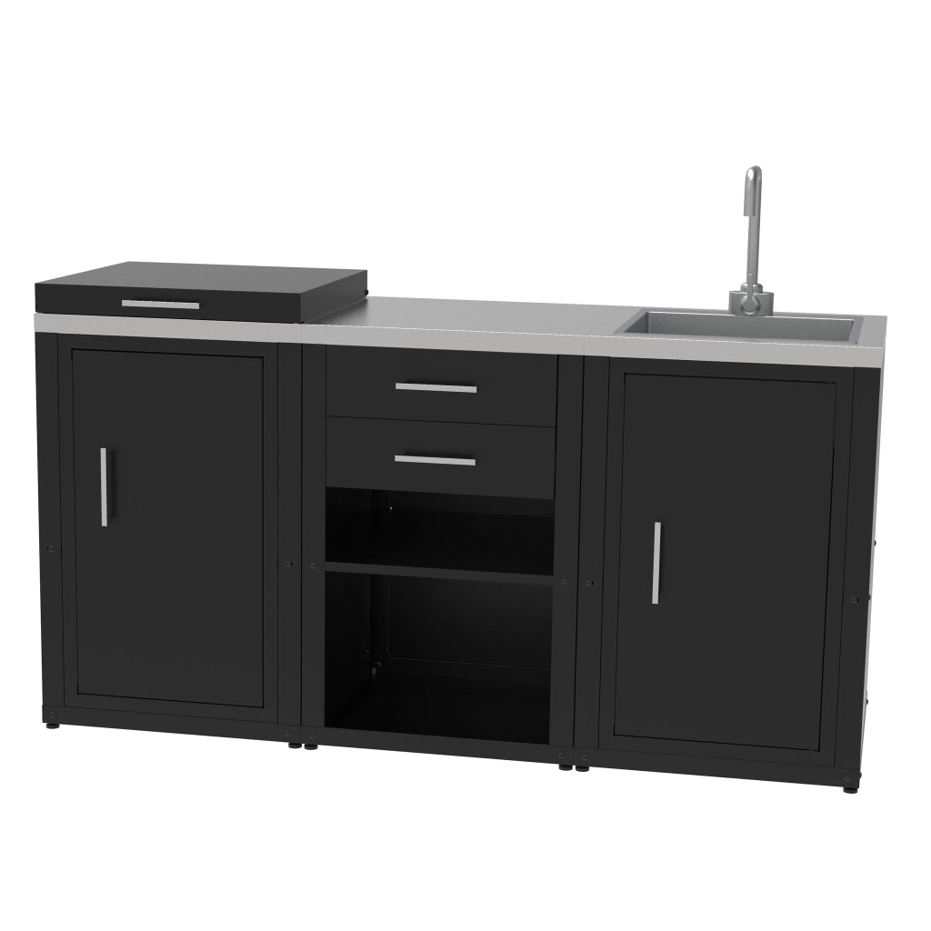 Set cucina da esterno a gas 3 elementi con lavello, rubinetto e tagliere con 2 cassetti estraibili - struttura in acciaio e piano in acciaio inox - Nero
