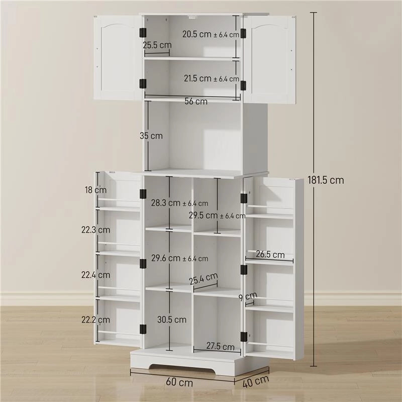 CREDENZA DA CUCINA ALTA STILE COUNTRY, 2 ARMADIETTI E 8 PORTASPEZIE, 60X40X181.5 CM, BIANCO