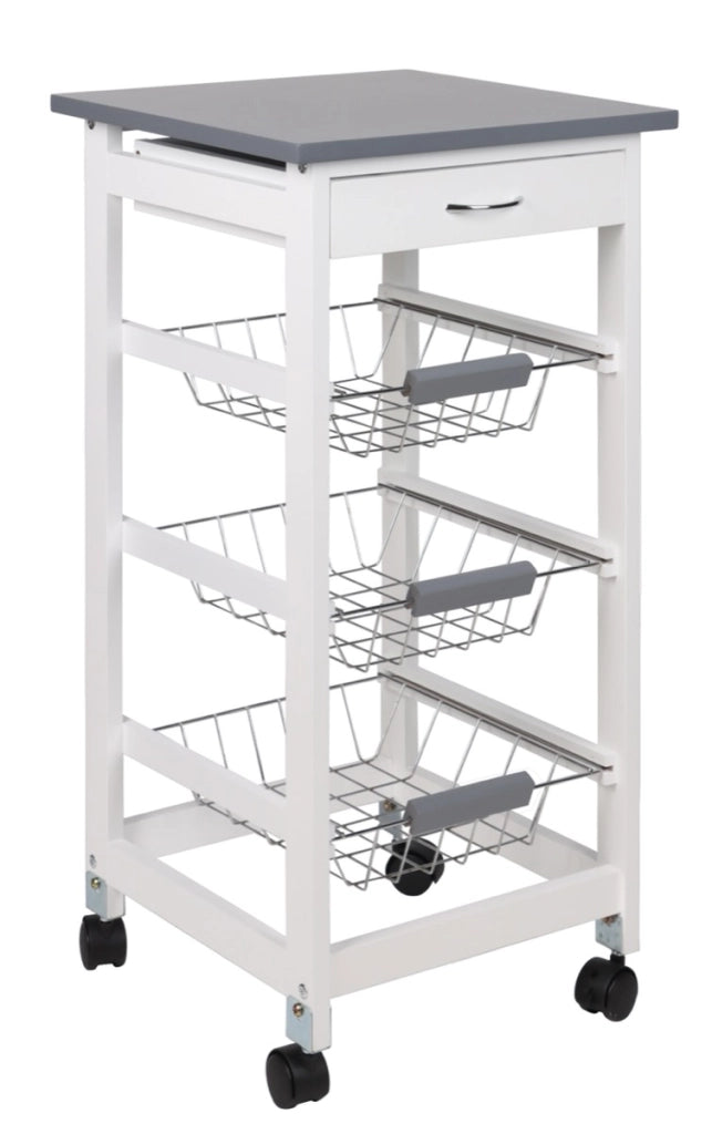 MAURY'S CARRELLO PORTAFRUTTA CON 3 CESTI IN COLORE BIANCO TOP GRIGIO 37X37 H76 CM