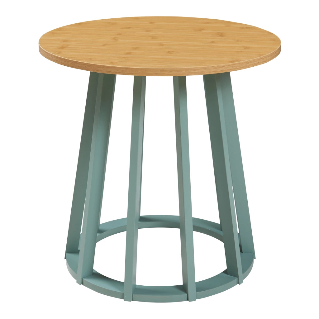 Tavolino da Divano Lensuu con Piano Rotondo in Effetto Rovere e Base Verde Pastello 48 x Ø48 cm [en.casa]
