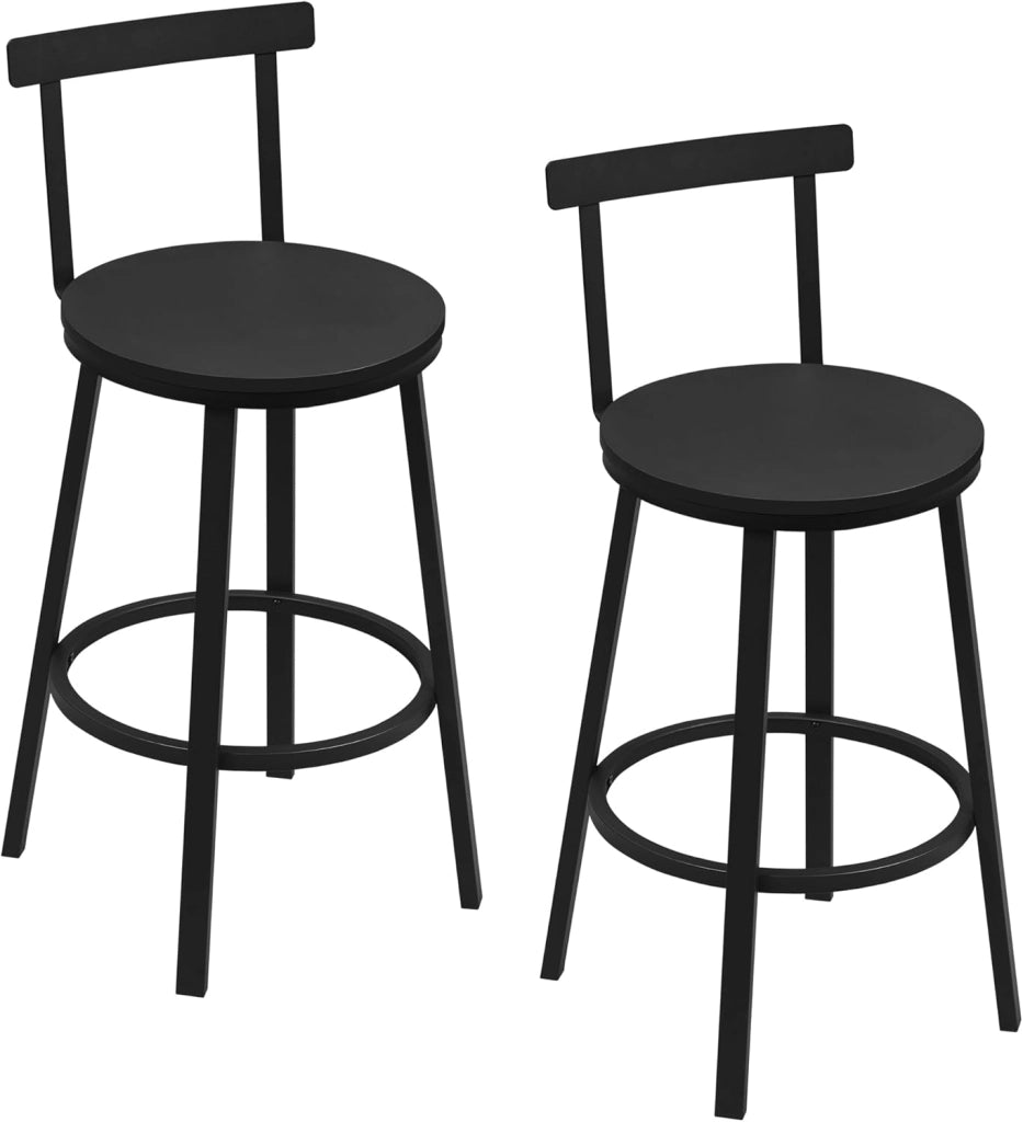 Sgabelli Cucina Set di 2, Sgabelli da Bar per Colazione, con Poggiapiedi e Schienale, Struttura in Metallo, Nero