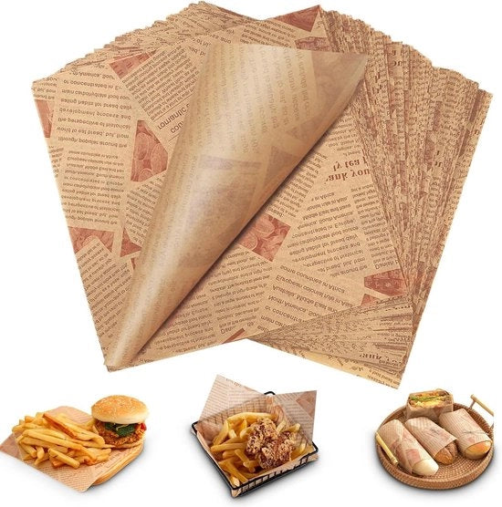 Presto Premium - Per 200 fogli di carta per cucina con aspetto di giornale per contenitori alimentari - Ideale per patatine, panini e hamburger - Impermeabile - carta per panini - pane tostato e formaggio - 25 x 25 cm