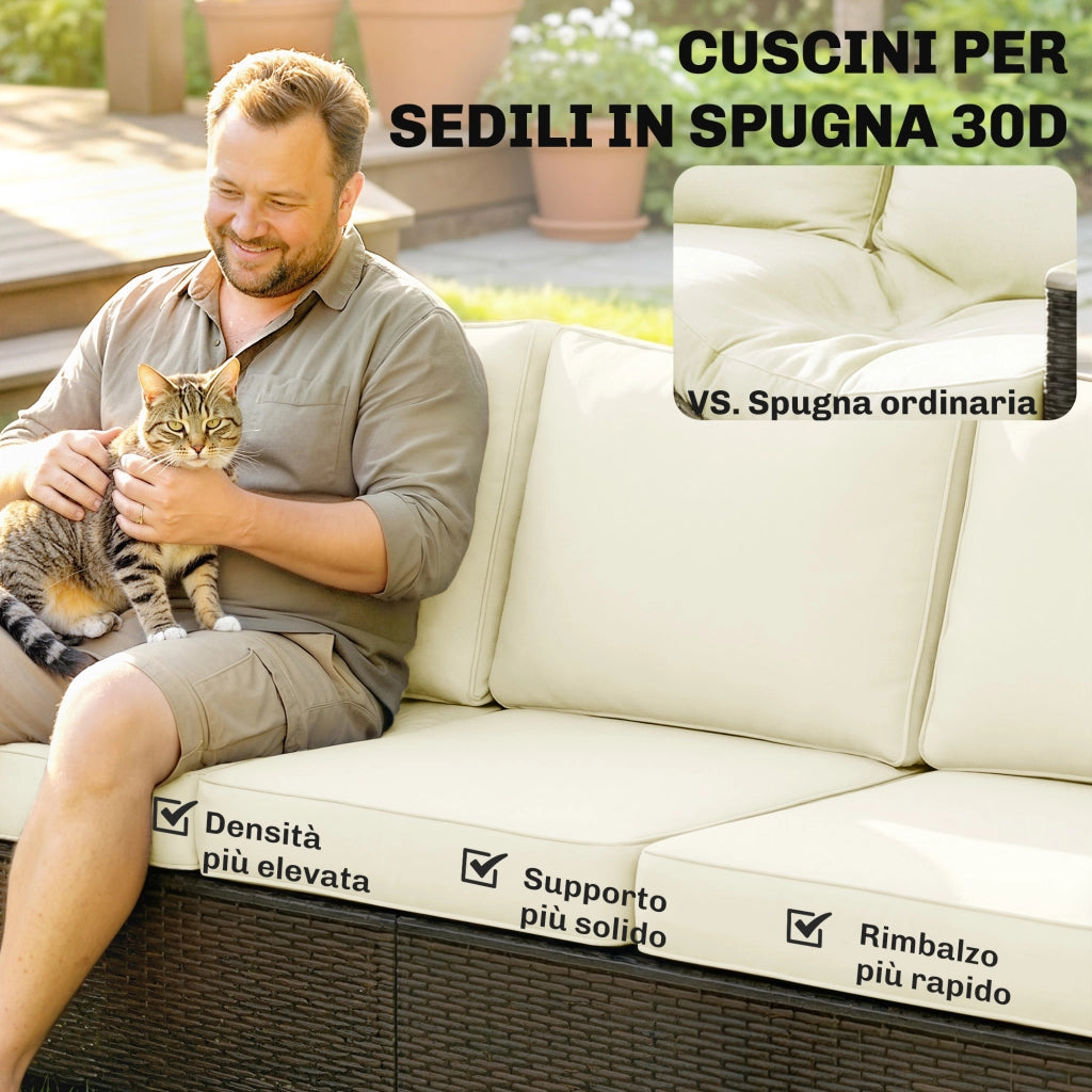 Divano da Esterno 3 Posti in Rattan PE ¨C zephmum ¨C Marrone, Crema, con Cuscini