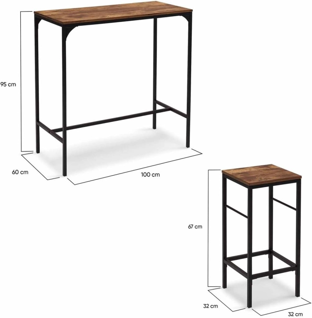 Tavolo da bar e 4 sgabelli DAYTON, alti 100 cm, in legno scuro con effetto distressed e design industriale nero