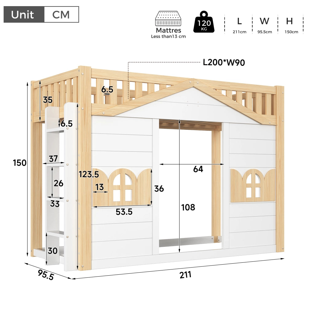Letto a Soppalco 90x200 cm; Letto Singolo con finestra e scala reversibile in legno bianco