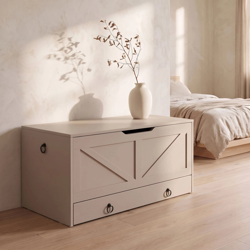 Kura - Cassapanca contenitore 100x50x40 cm Portaoggetti con Cerniere di Sicurezza e con Cassettiera in Legno Tortora