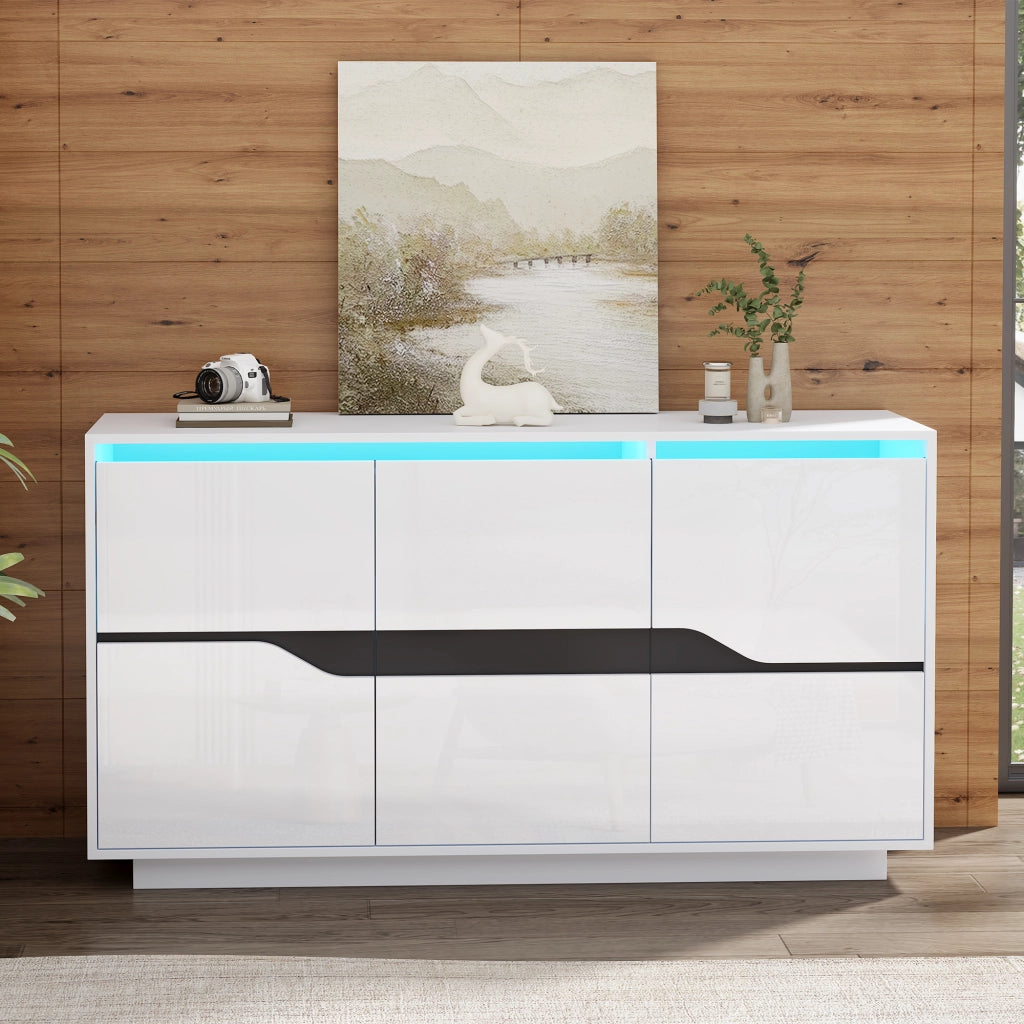 Credenza e madia con LED, 3 ante e ripiani regolabili, per soggiorno, in truciolare, bianco e nero, 140 × 40 × 70 cm