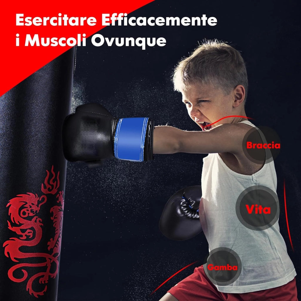 Set Sacco da Boxe per Bambini da 5 Pezzi, Sacco da Pugilato con Guantoni da Boxe, Corda per Saltare, Borsa e Gancio, Sacco da Box per Arti Marziali Miste Kick Boxing Boxe Thai