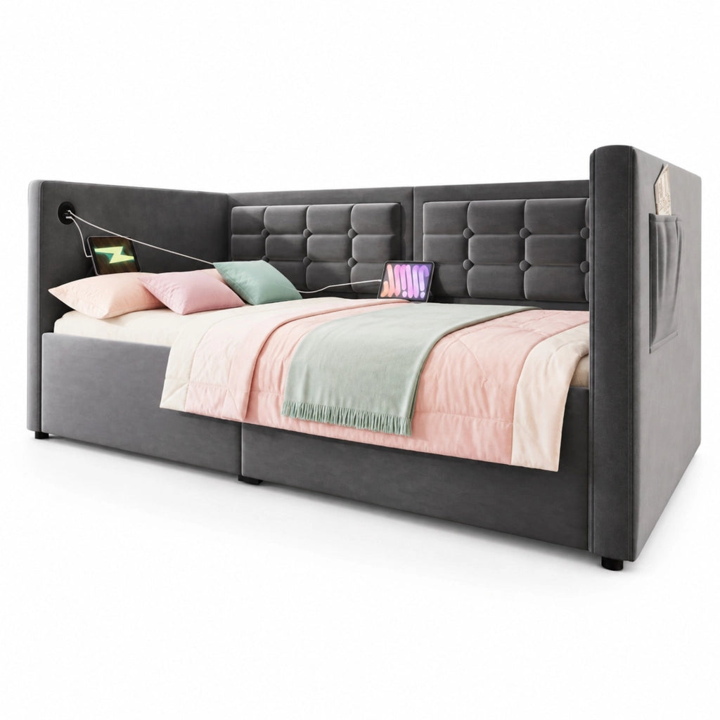 Letto divano imbottito 90x190 cm con vano contenitore idraulico, porta USB e Type-C, velluto grigio, senza materasso