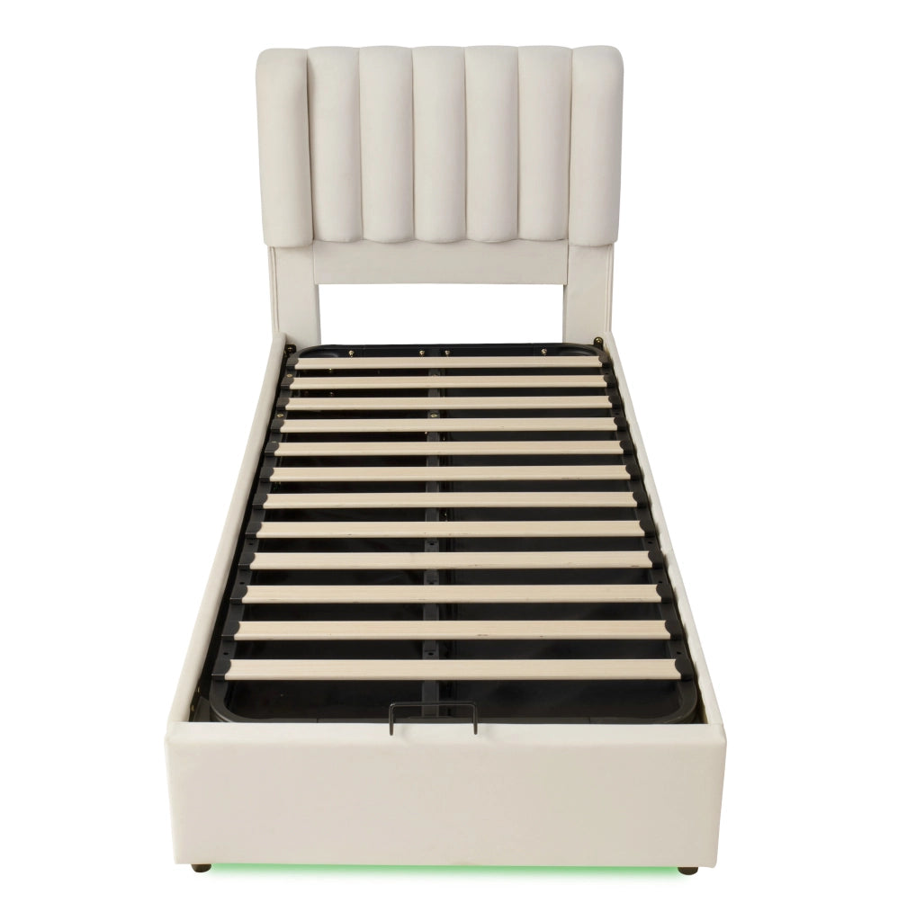 Letto contenitore 90x200 cm con cassetti e LED in velluto beige