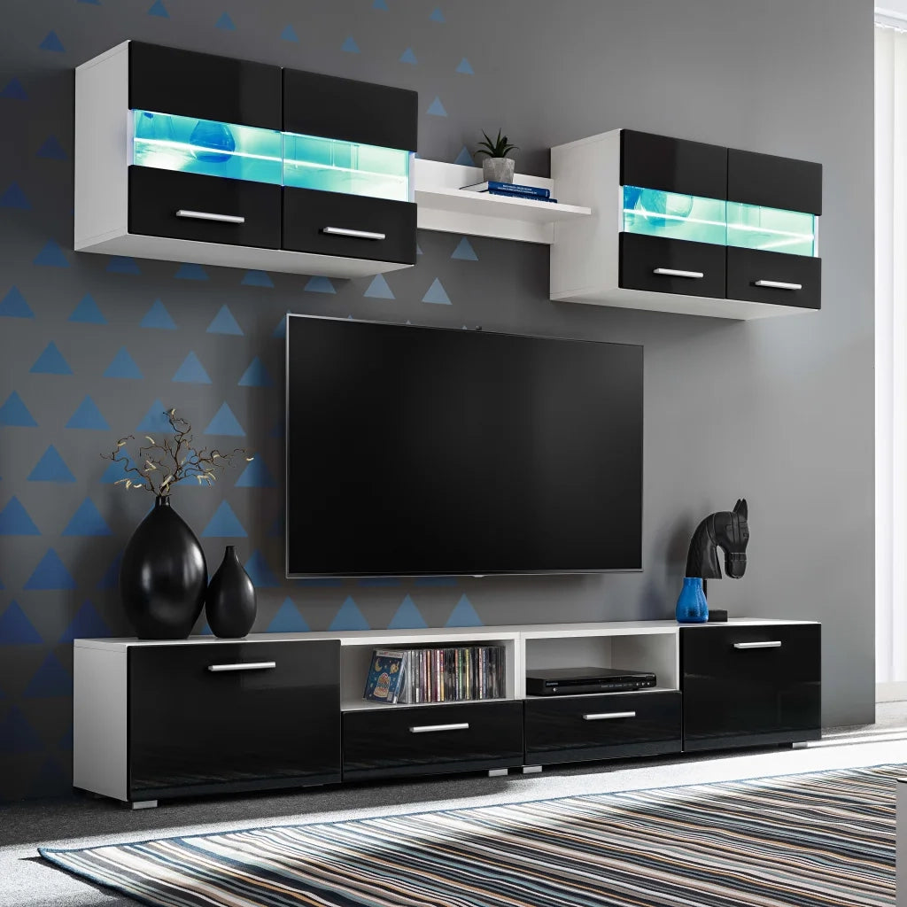 Set Parete Attrezzata Porta TV con Luci LED 5 pz Nero Lucido 246028