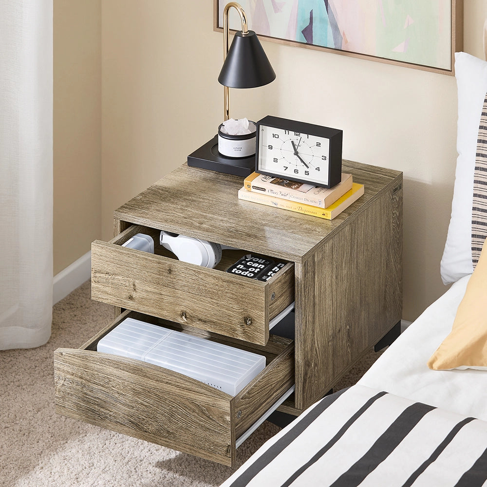SoBuy Comodino, 2 cassetti con frontale curvo, effetto legno & gambe in metallo, Tavolino da notte moderno per camera da letto, 40×40×47 cm, naturale FBT165-N