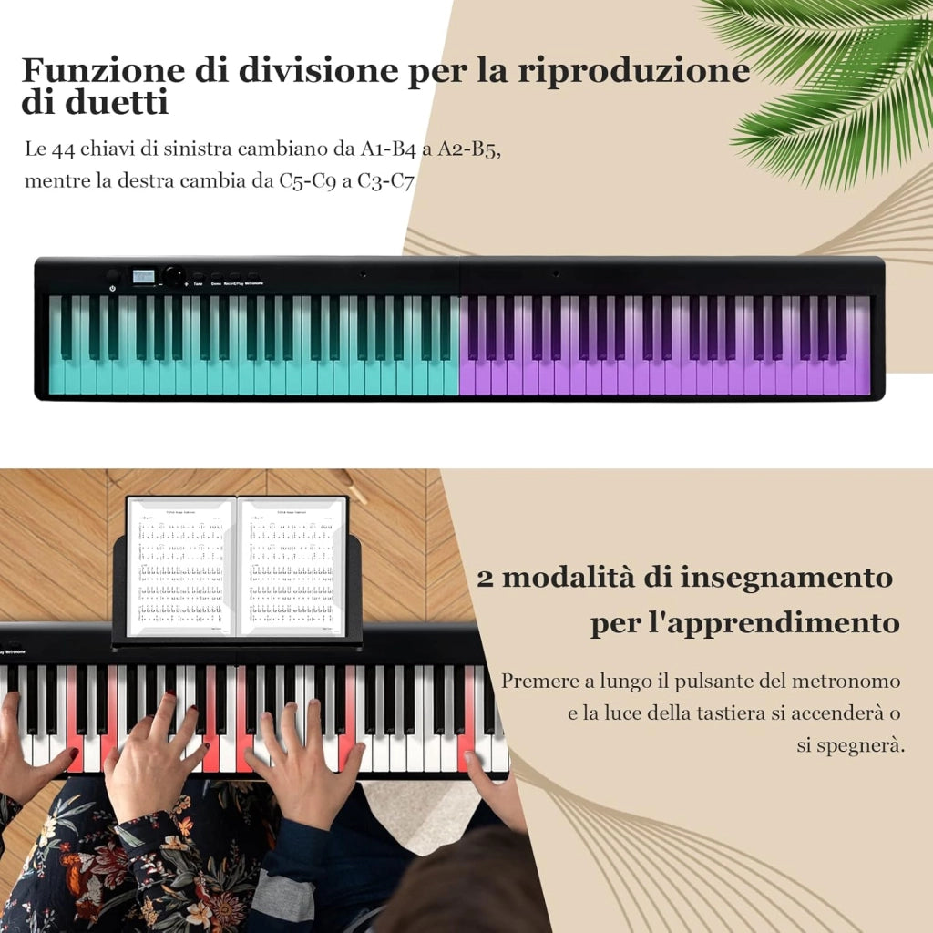 Tastiera Elettronica 88 Tasti Illuminati, Pianoforte Digitale Pieghevole Portatile con Custodia, Sustain Pedali, Modalità di Insegnamento, MP3/USB/MIDI/Bluetooth (Nero)