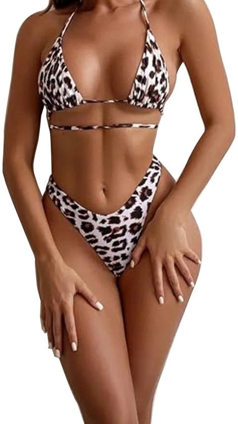 Bikini per donne - Set a due pezzi con stampa di leopardo - Cinturini regolabili - Bustini preformati - Nylon confortevole - Ideale per le vacanze estive - Abbigliamento da bagno