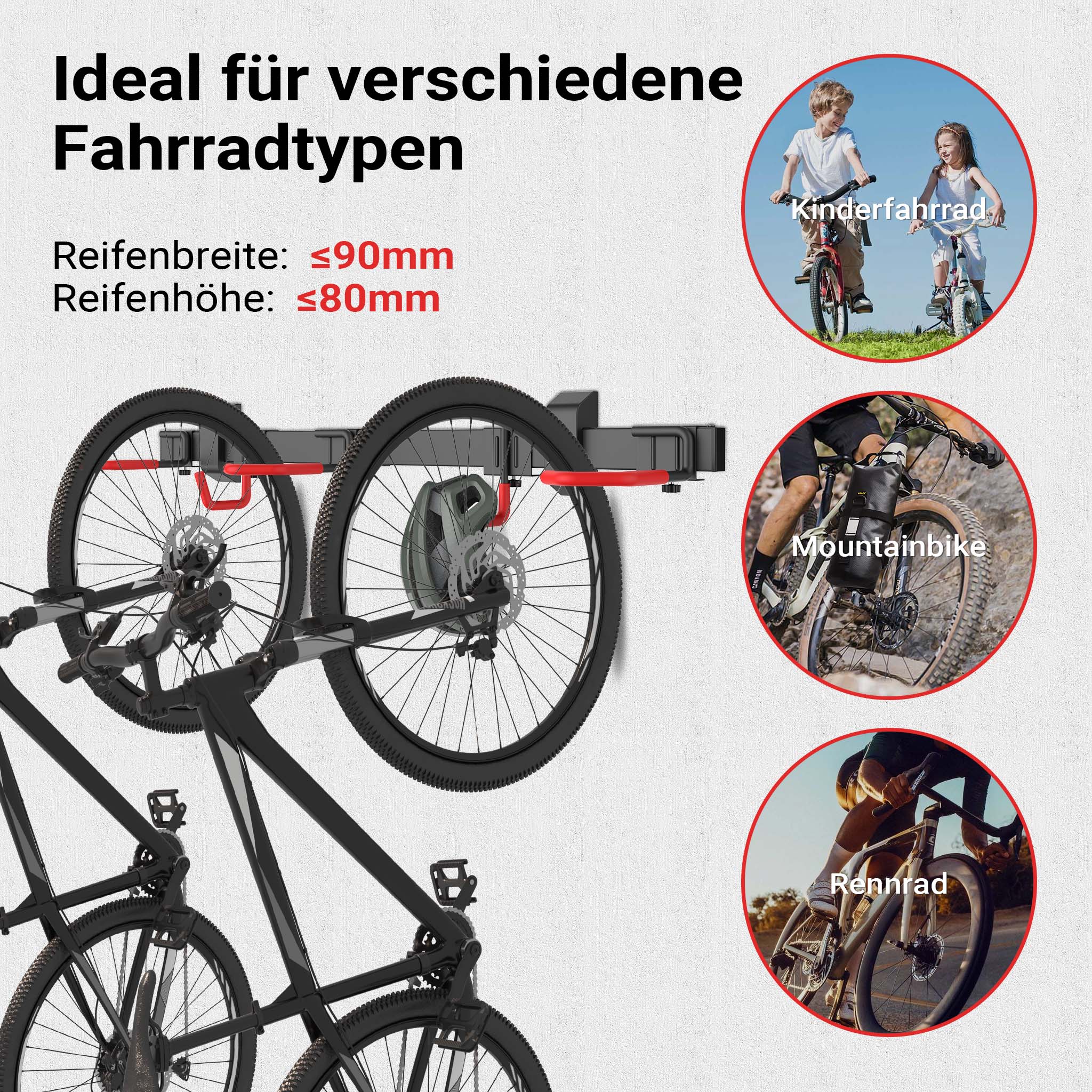 Portabici da muro per 3 biciclette e 2 caschi, 82,4 x 18 x 13,6 cm, max 95 kg, portabici da parete universale, facile installazione, supporto con 3 ganci appendi bici in acciaio