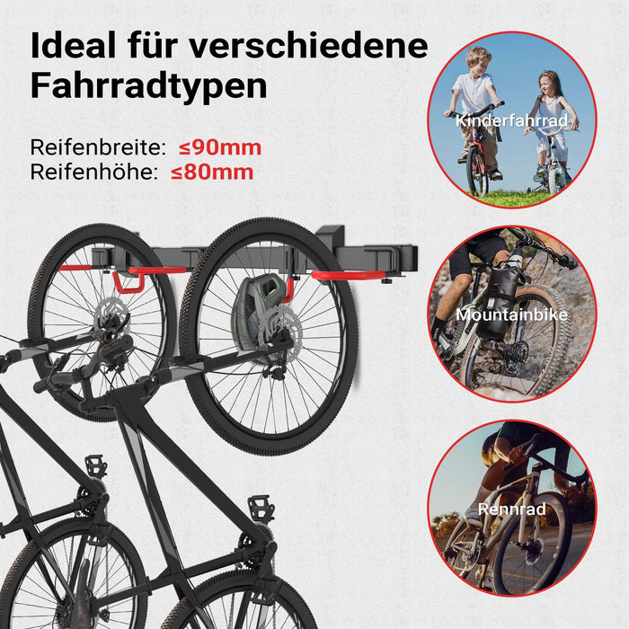 Portabici da muro per 3 biciclette e 2 caschi, 82,4 x 18 x 13,6 cm, max 95 kg, portabici da parete universale, facile installazione, supporto con 3 ganci appendi bici in acciaio