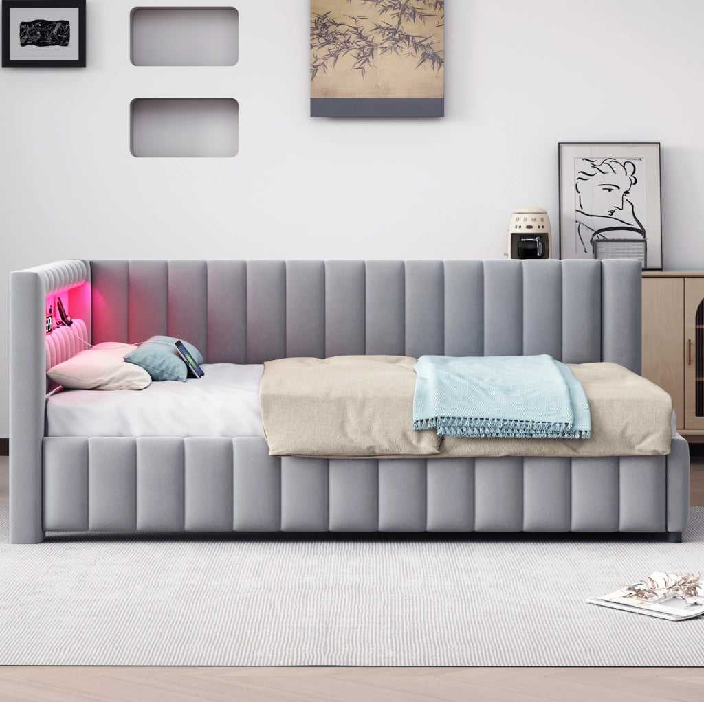 Divano letto angolare 140x200 cm in velluto grigio con LED e USB
