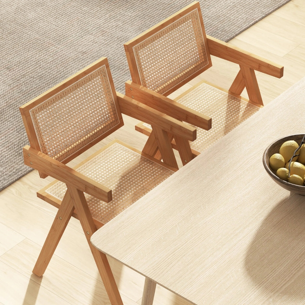 Set 2 Sedie in rattan con telaio naturale in bambù schienale e braccioli-Sedie da pranzo stile mid-century Naturale