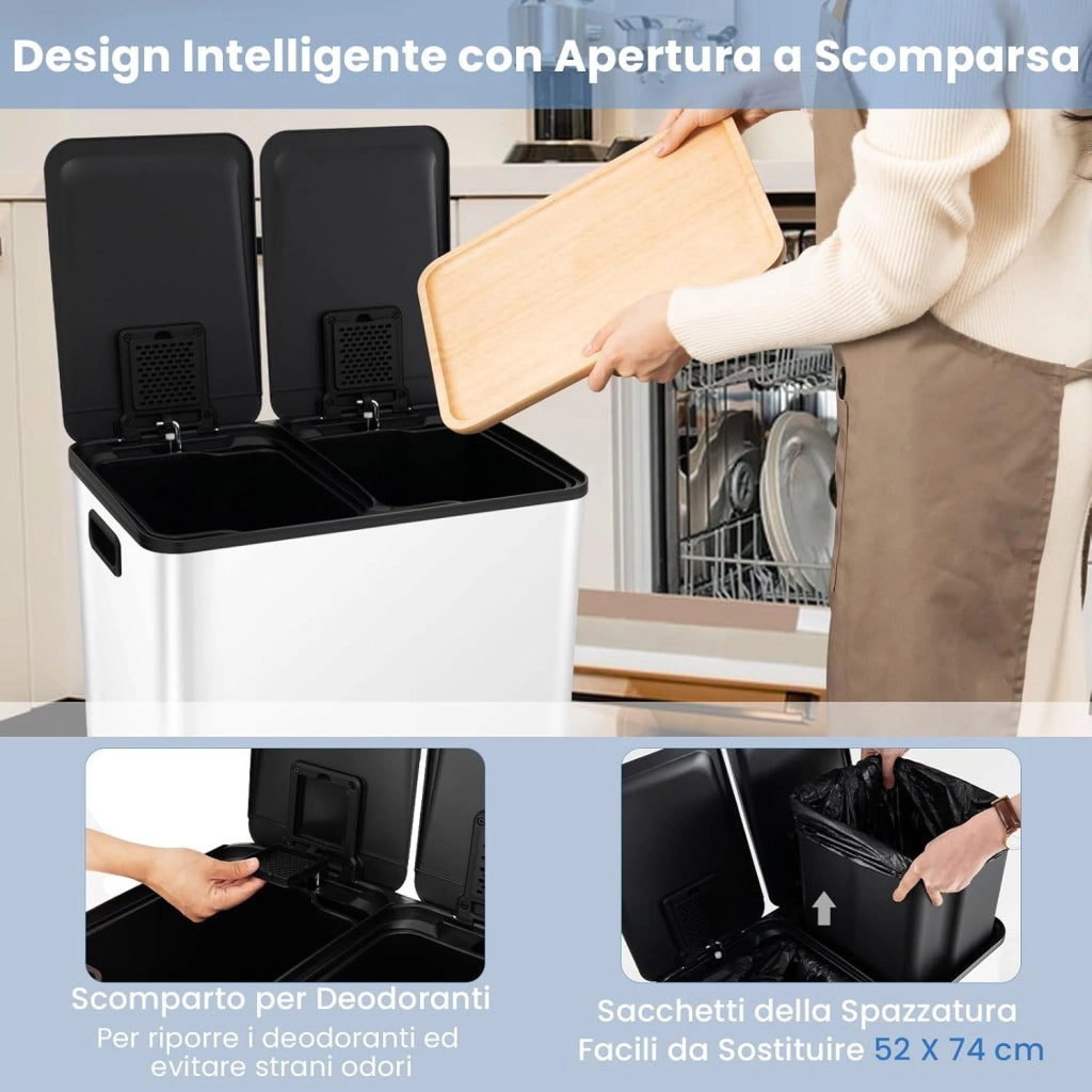 2x30 L Pattumiera Differenziata, Bidoni Differenziata in Acciaio Inox a 2 Scomparti, Anti-Impronte, Secchio Spazzatura con Coperchi a Chiusura Morbida, per Casa Ufficio (Bianco)