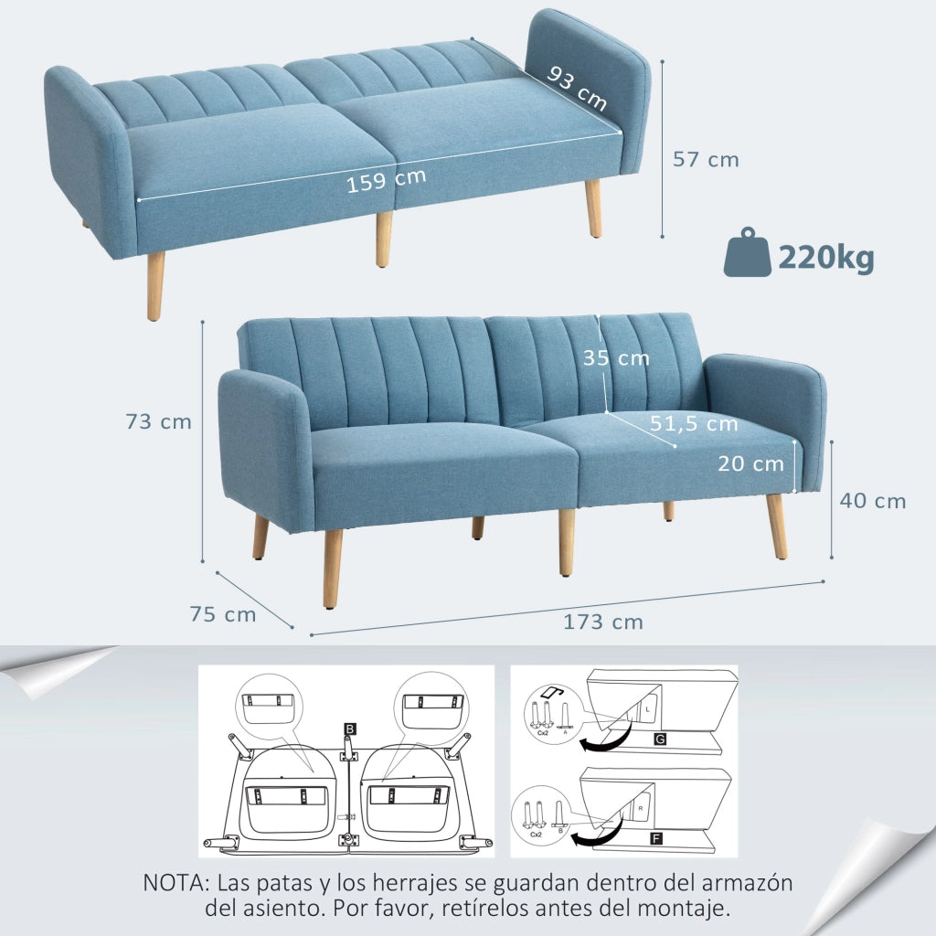 Divano Letto 2 Posti Imbottito in Tessuto con Schienale Regolabile e Braccioli Amovibili ¨C zephmum ¨C 173x75x73 Blu