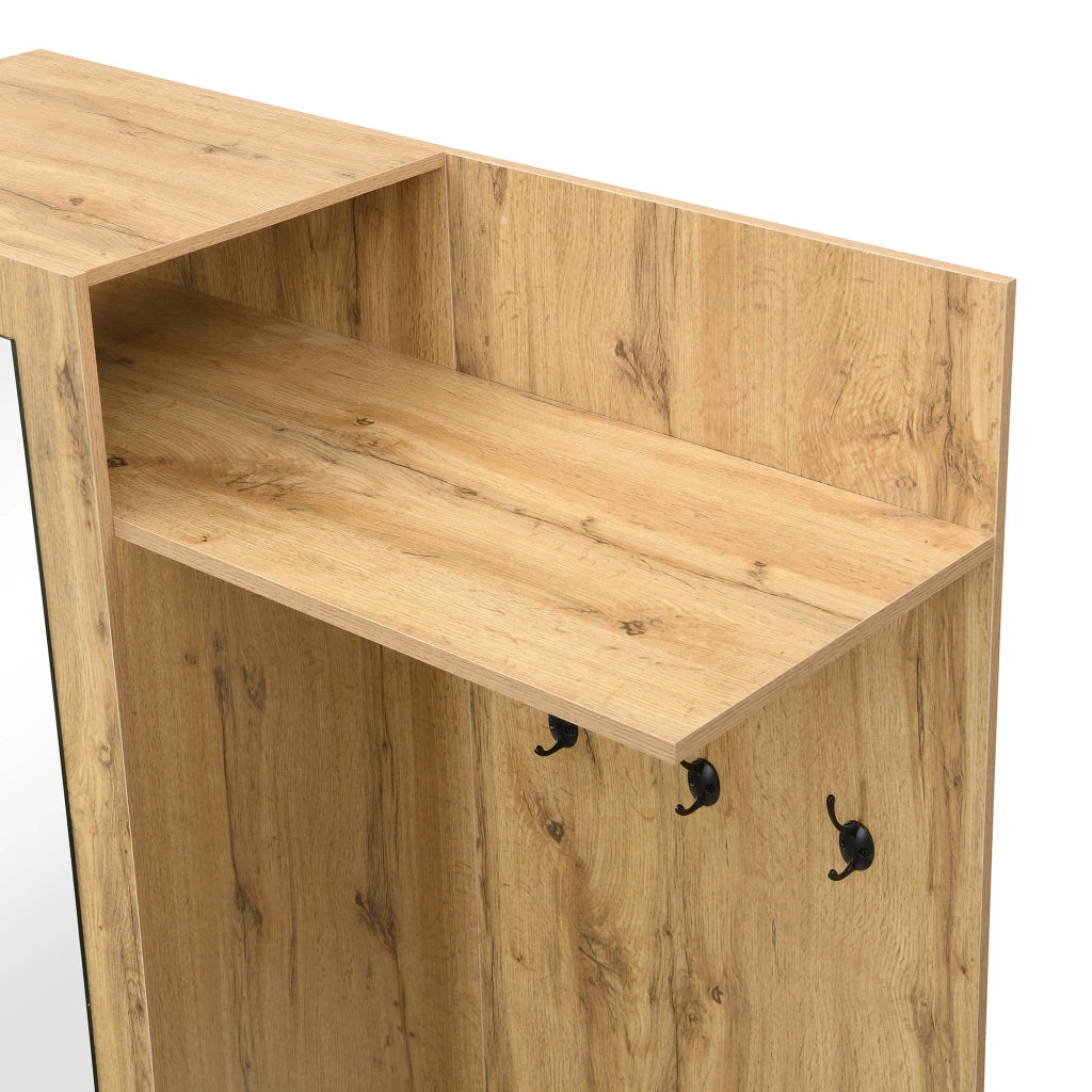 Set di mobili da ingresso con panca specchio e 5 ganci in MDF nero e naturale 100 × 38 × 191 cm