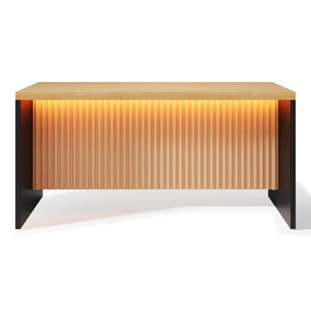Isola da cucina 155x80x90 cm in MDF effetto legno, design industriale con LED, prese EU e USB, piano 40 mm