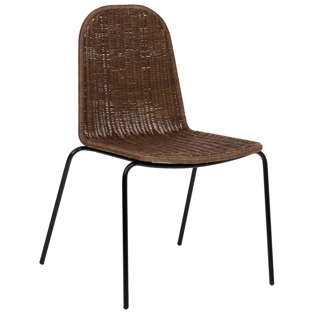 Set di 2 sedie da pranzo con seduta e schienale in rattan marrone scuro e gambe in ferro, senza braccioli, in stile industriale boho