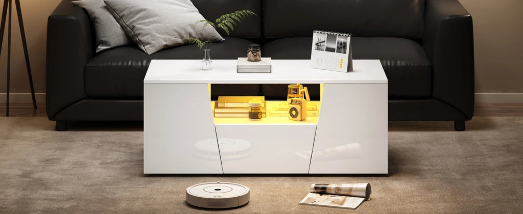 TAVOLINO DA SALOTTO LED 100x50x40 cm Bianco in Truciolare con 2 Armadietti e 1 Cassetto