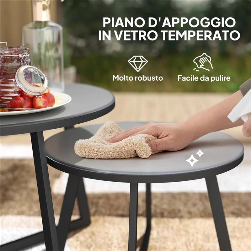SET 2 TAVOLINI PER ESTERNI CON PIANO IN VETRO TEMPERATO Ø 70X45 CM E Ø 50X35 CM GRIGIO
