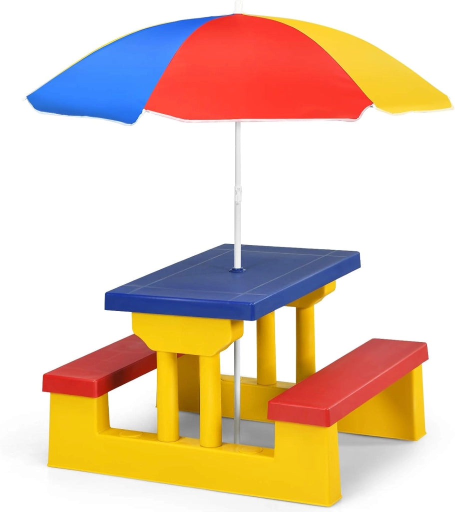 Tavolo da Picnic, Set di Tavolo e Sedie per Bambini con Parasole Pieghevole per Giardino/Terezzo/Parco, Bambini più di 3 Anni (Giallo + Rosso + Blu)