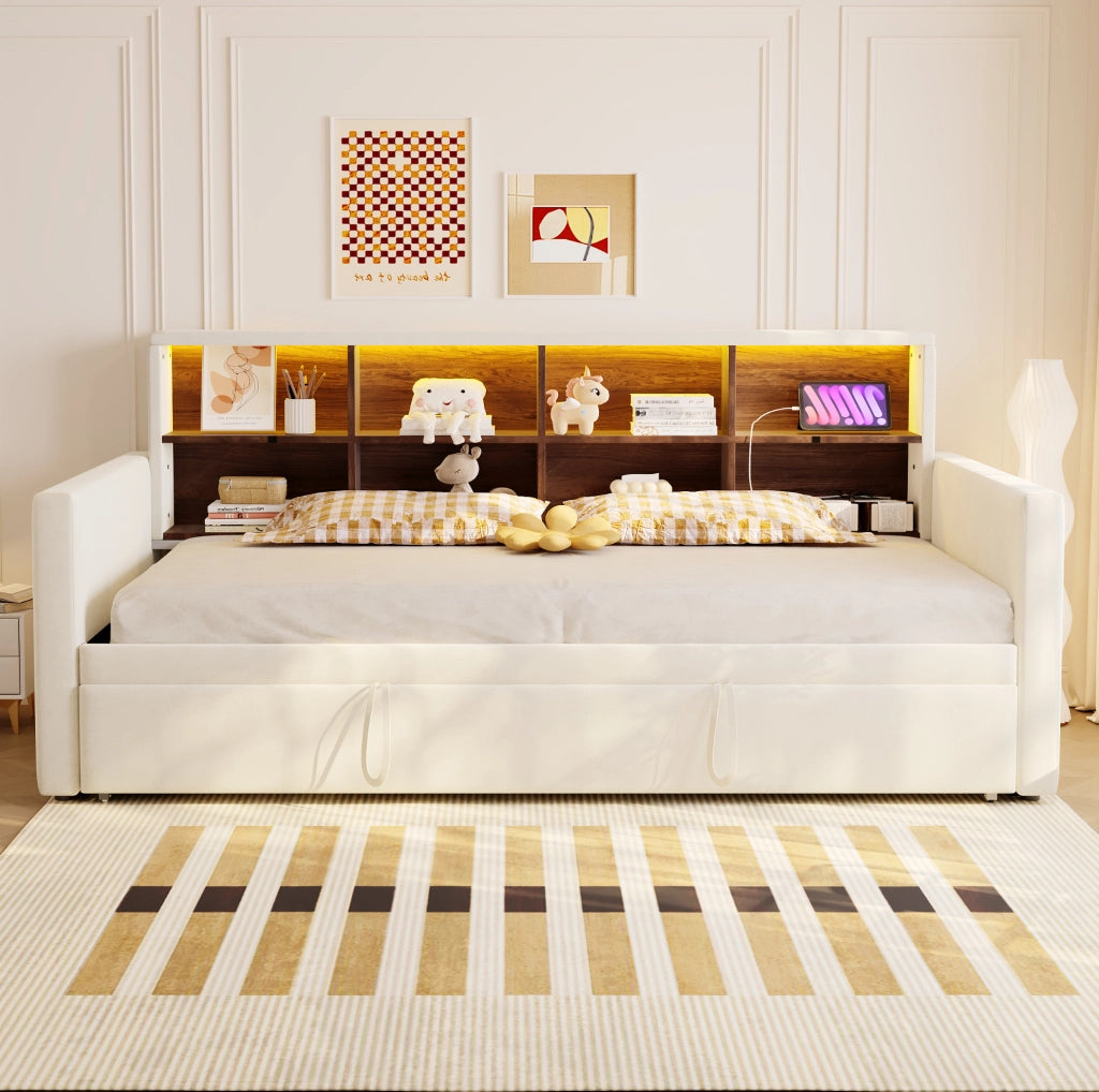 Divano letto imbottito 90x190 cm con letto estraibile; LED; prese USB/Type-C; velluto beige