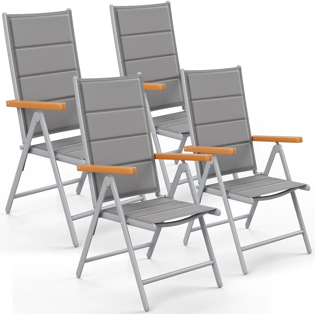 Set di 4 sedie da giardino con schienale alto, Sedia pieghevole in Alluminio, Braccioli in WPC, Schienale trapuntato e regolabile in 7 posizioni, per ristoranti, patii, Grigio argento, 4 PCS