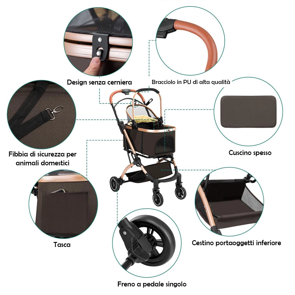 Passeggino Carrozzina 2in1 per Cani Gatti Trasportino Removibile Pieghevole 50kg