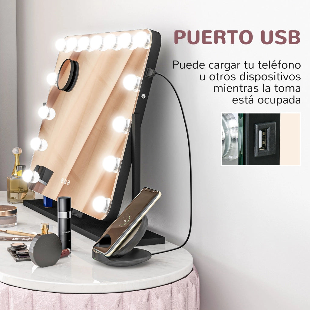 Specchio da Toeletta Rotante con LED ¨C zephmum ¨C Nero 58x46 cm